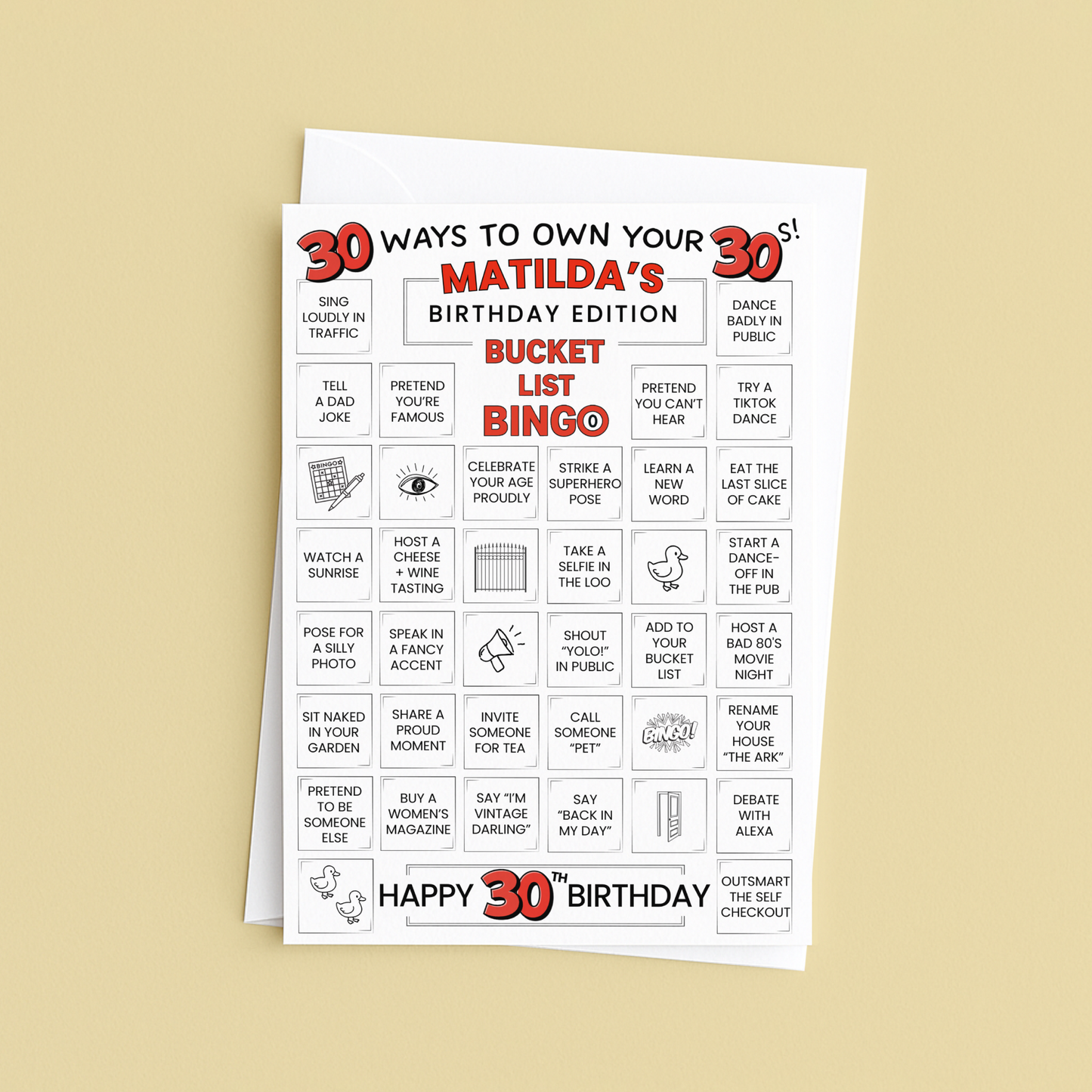 30th birthday card - 30 ways to own your 30s - bucket list bingo