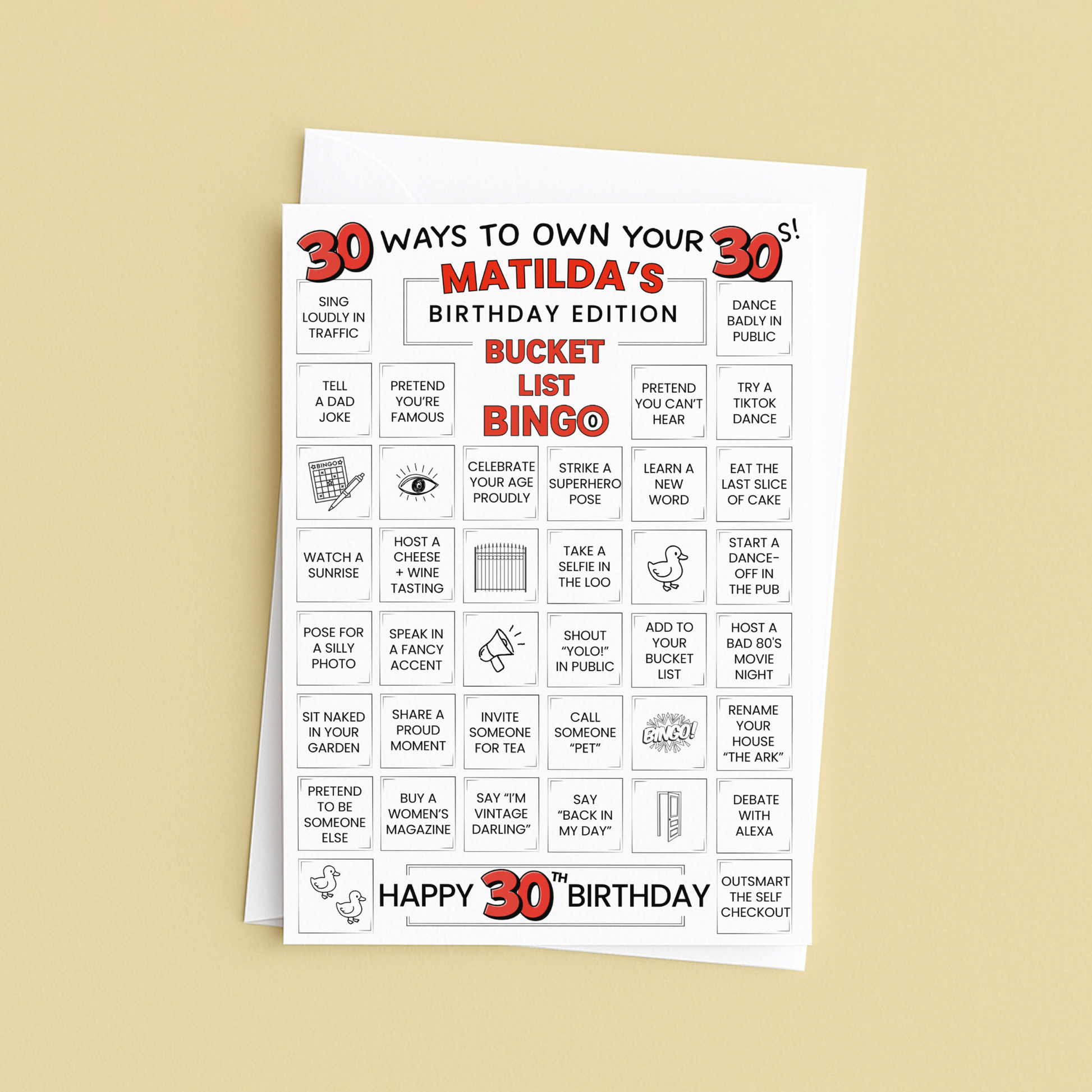 30th birthday card - 30 ways to own your 30s - bucket list bingo