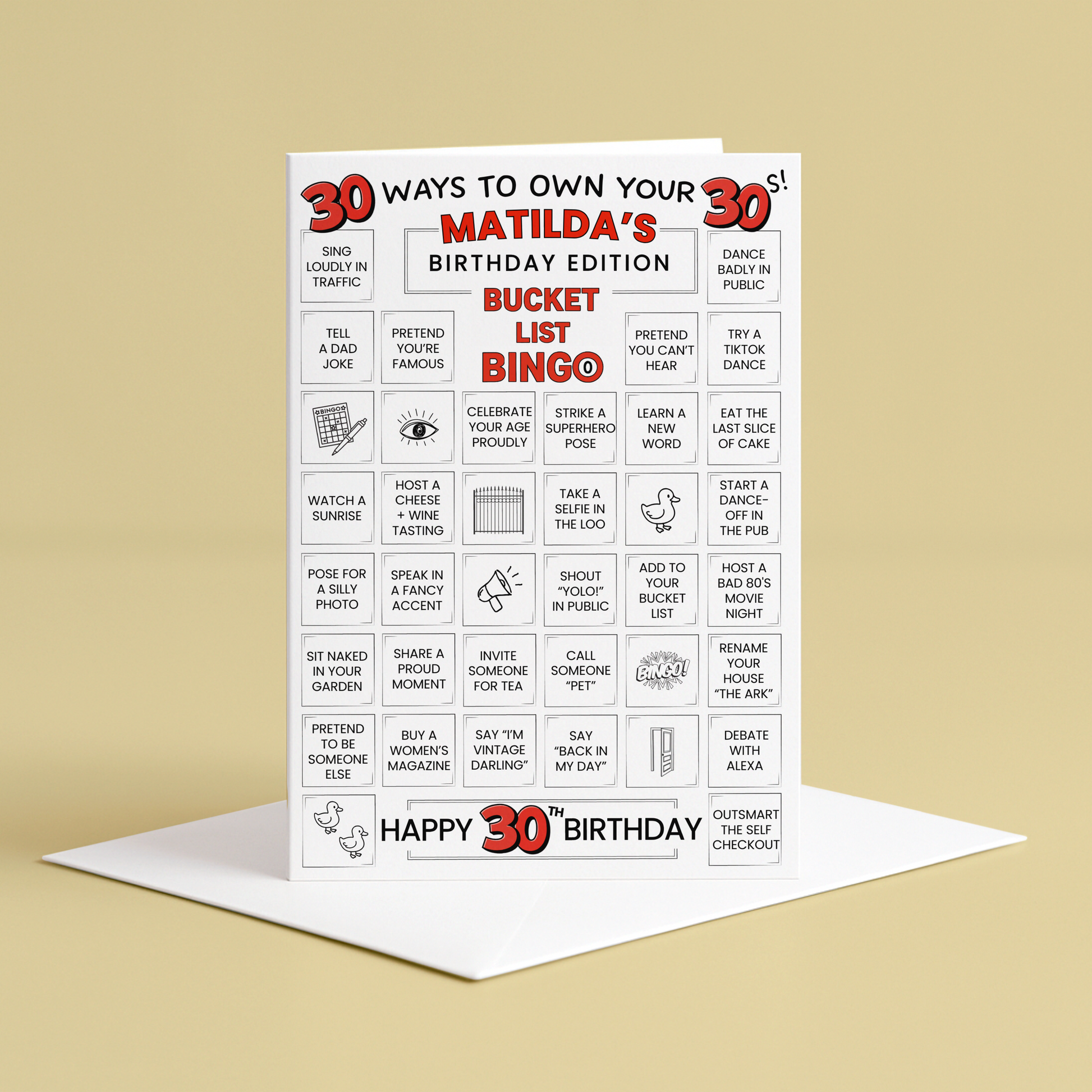 30th birthday card - 30 ways to own your 30s - bucket list bingo
