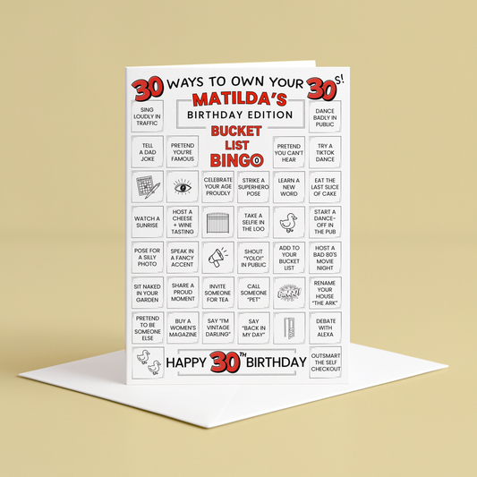 30th birthday card - 30 ways to own your 30s - bucket list bingo