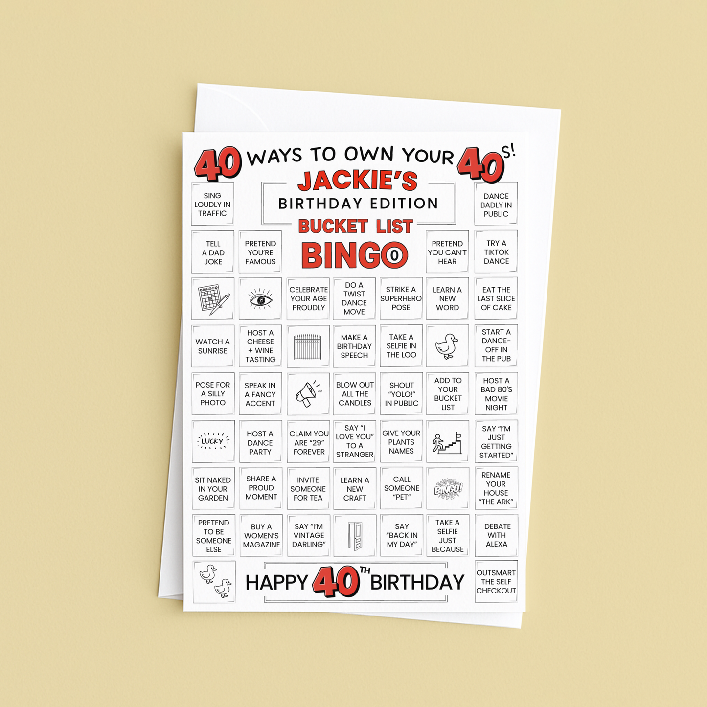 40th birthday card - 40 ways to own your 40s - bucket list bingo