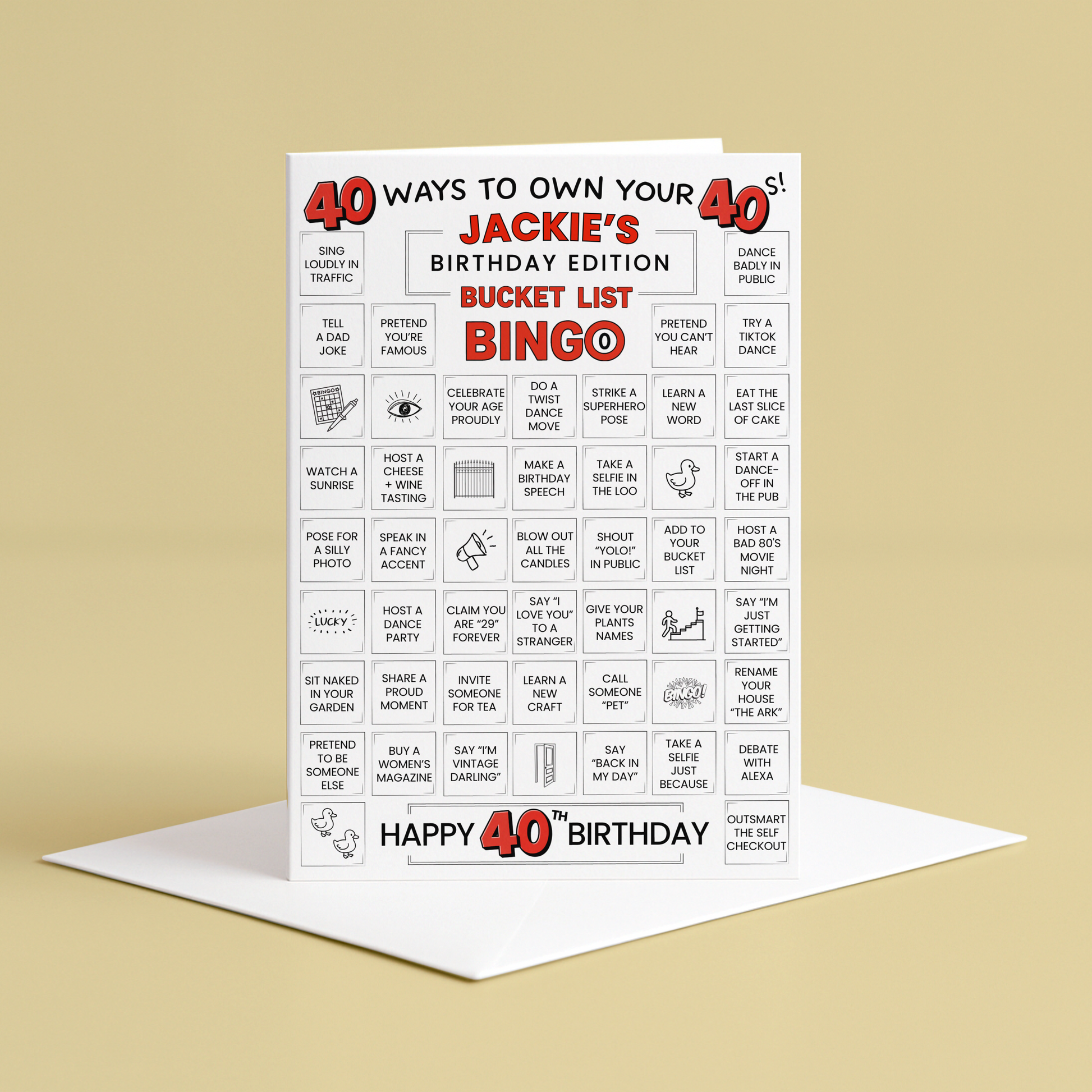 40th birthday card - 40 ways to own your 40s - bucket list bingo