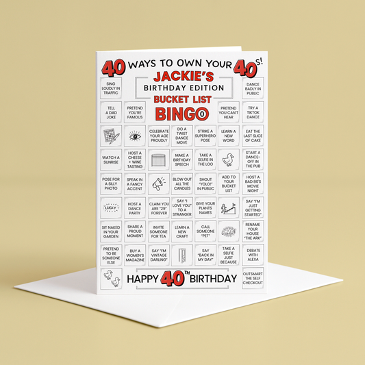 40th birthday card - 40 ways to own your 40s - bucket list bingo