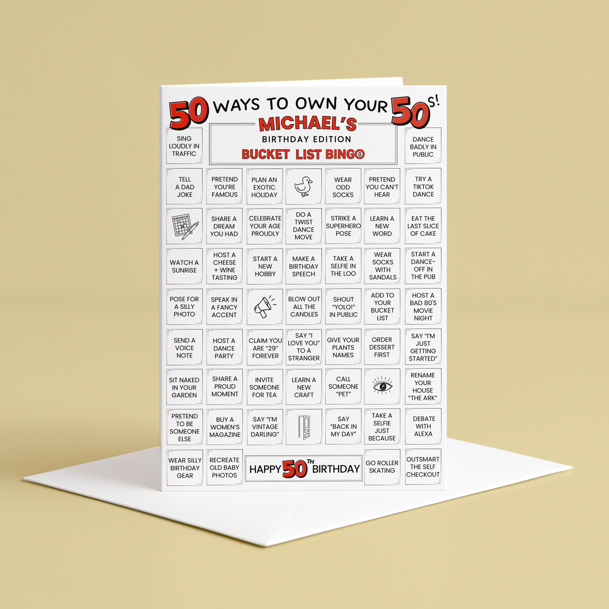 50th birthday card - 50 ways to own your 50s - bucket list bingo