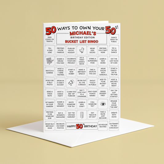 50th birthday card - 50 ways to own your 50s - bucket list bingo