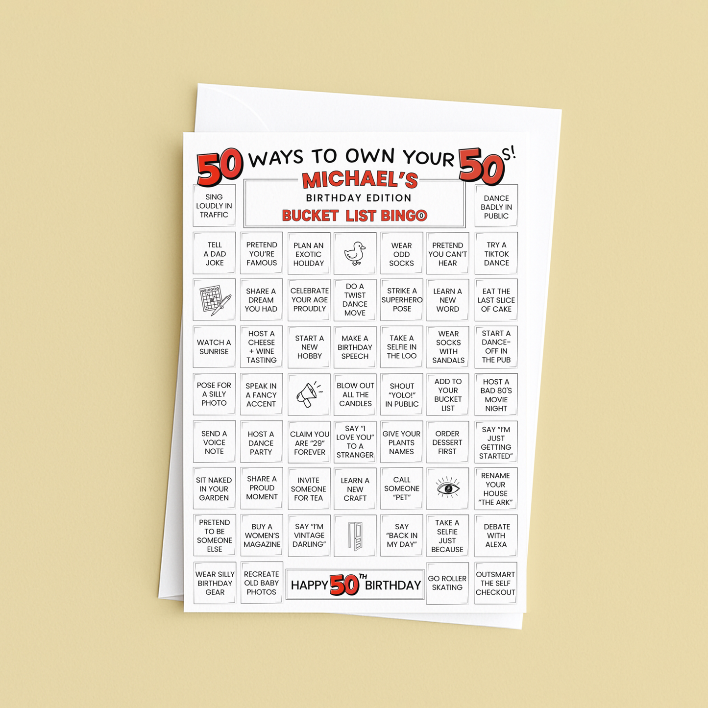 50th birthday card - 50 ways to own your 50s - bucket list bingo