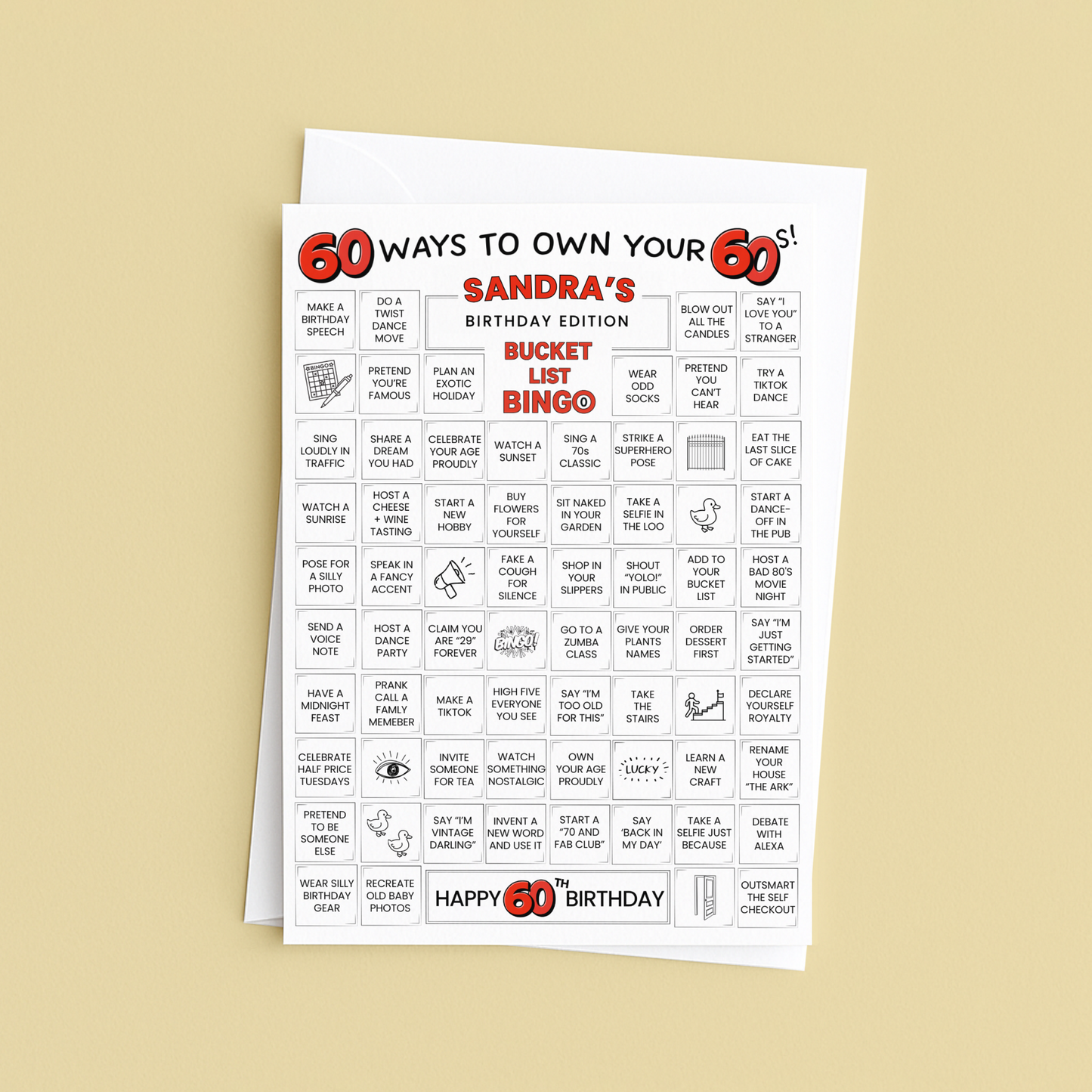 60th birthday card - 60 ways to own your 60s - bucket list bingo