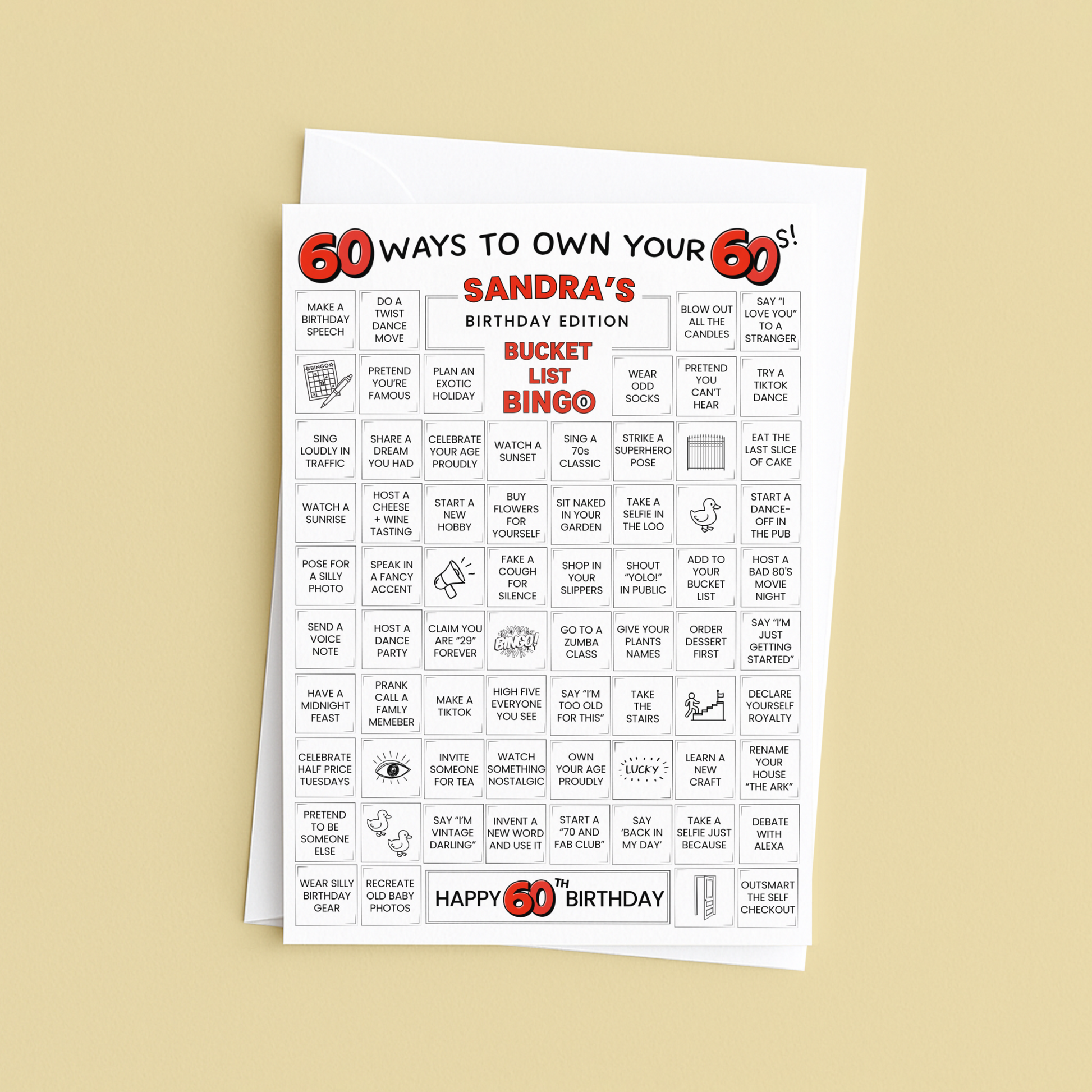 60th birthday card - 60 ways to own your 60s - bucket list bingo