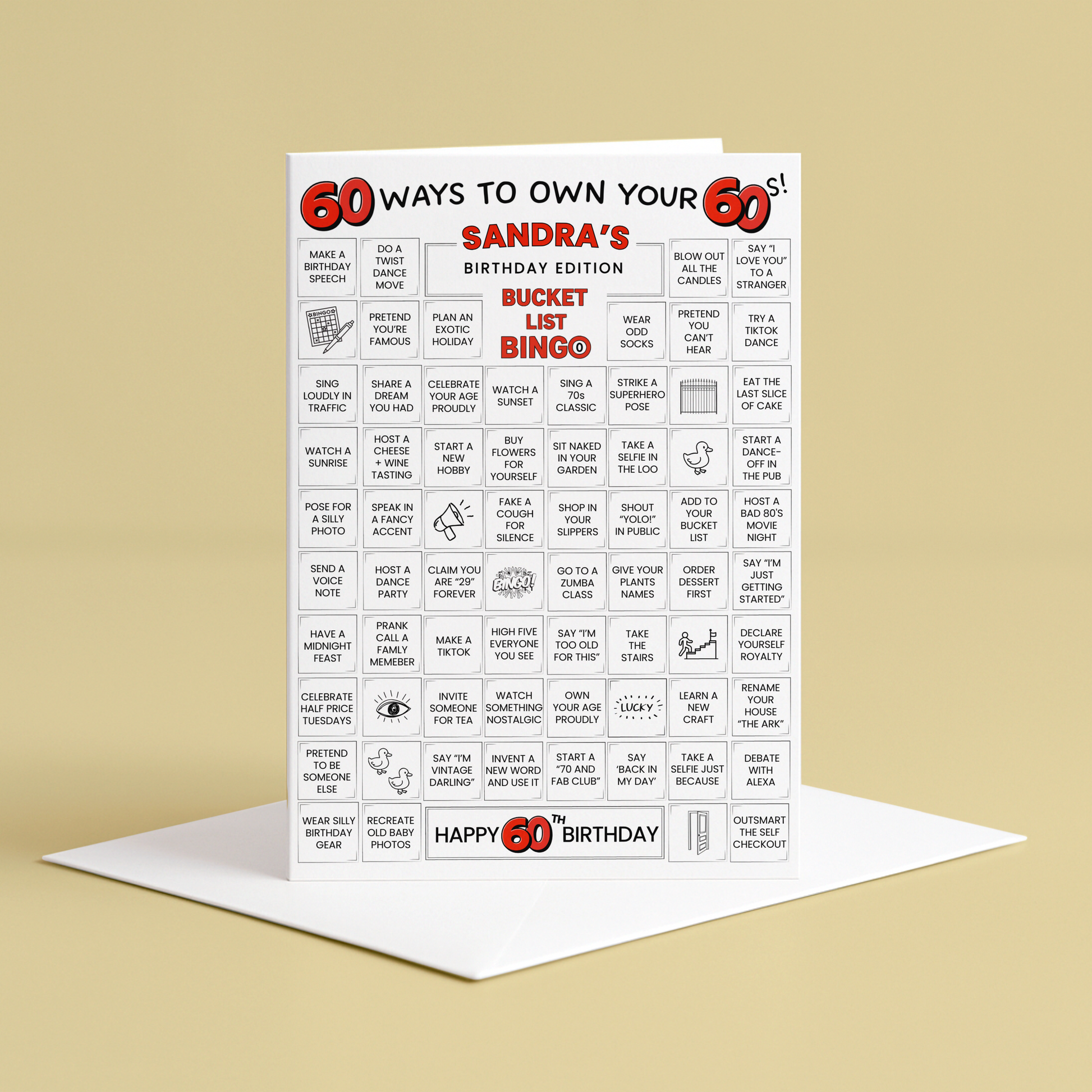 60th birthday card - 60 ways to own your 60s - bucket list bingo
