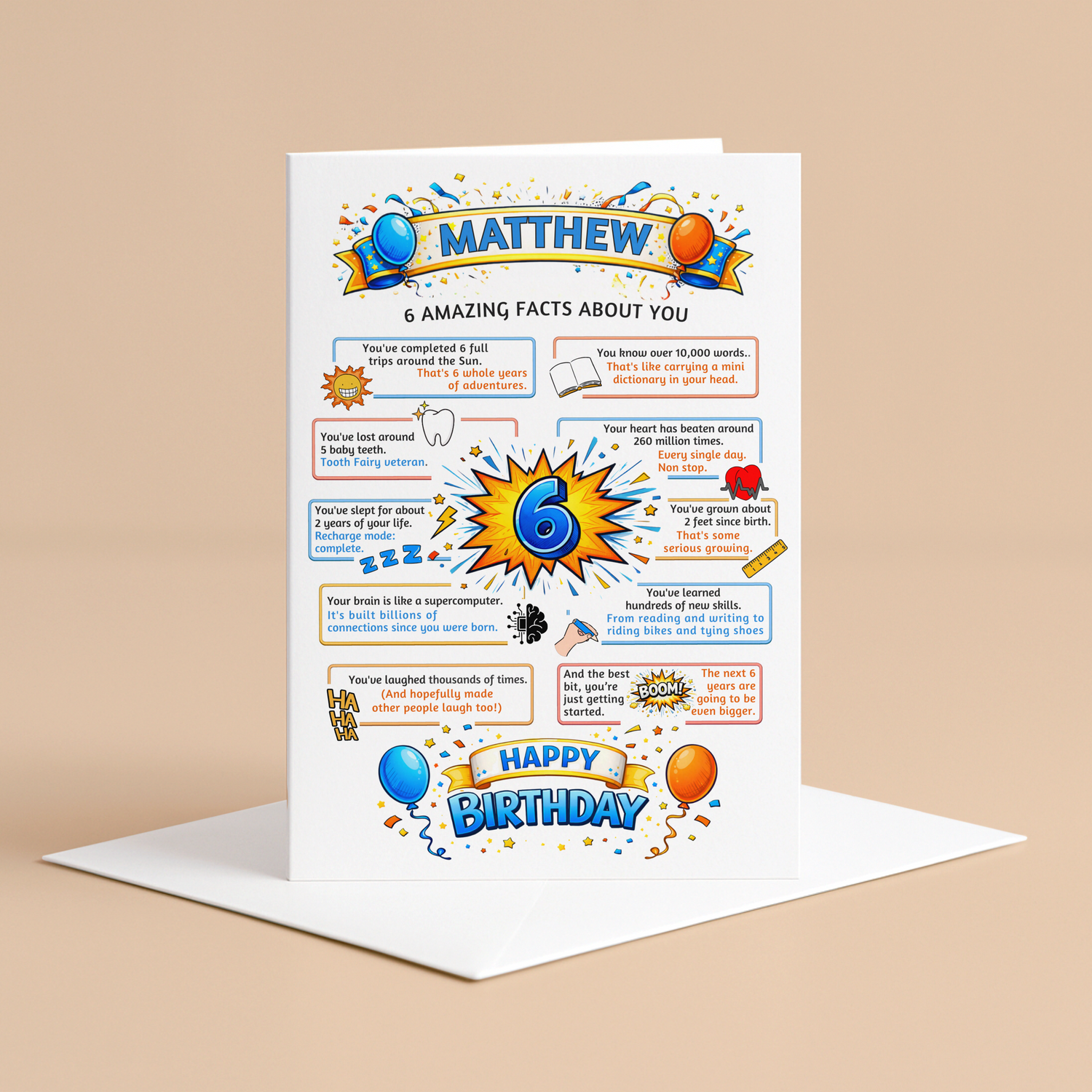 6 amazing facts about you - illustrated 6th birthday card