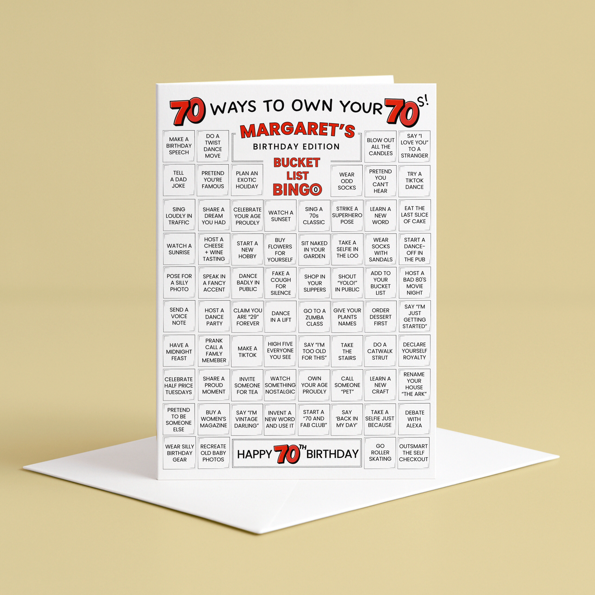 70th birthday card - 70 ways to own your 70s - bucket list bingo