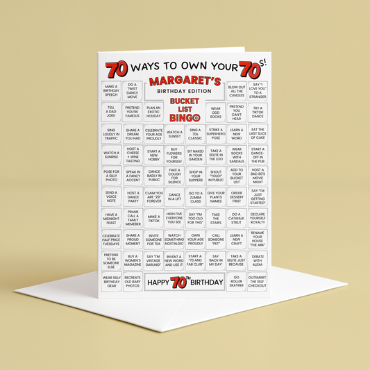 70th birthday card - 70 ways to own your 70s - bucket list bingo