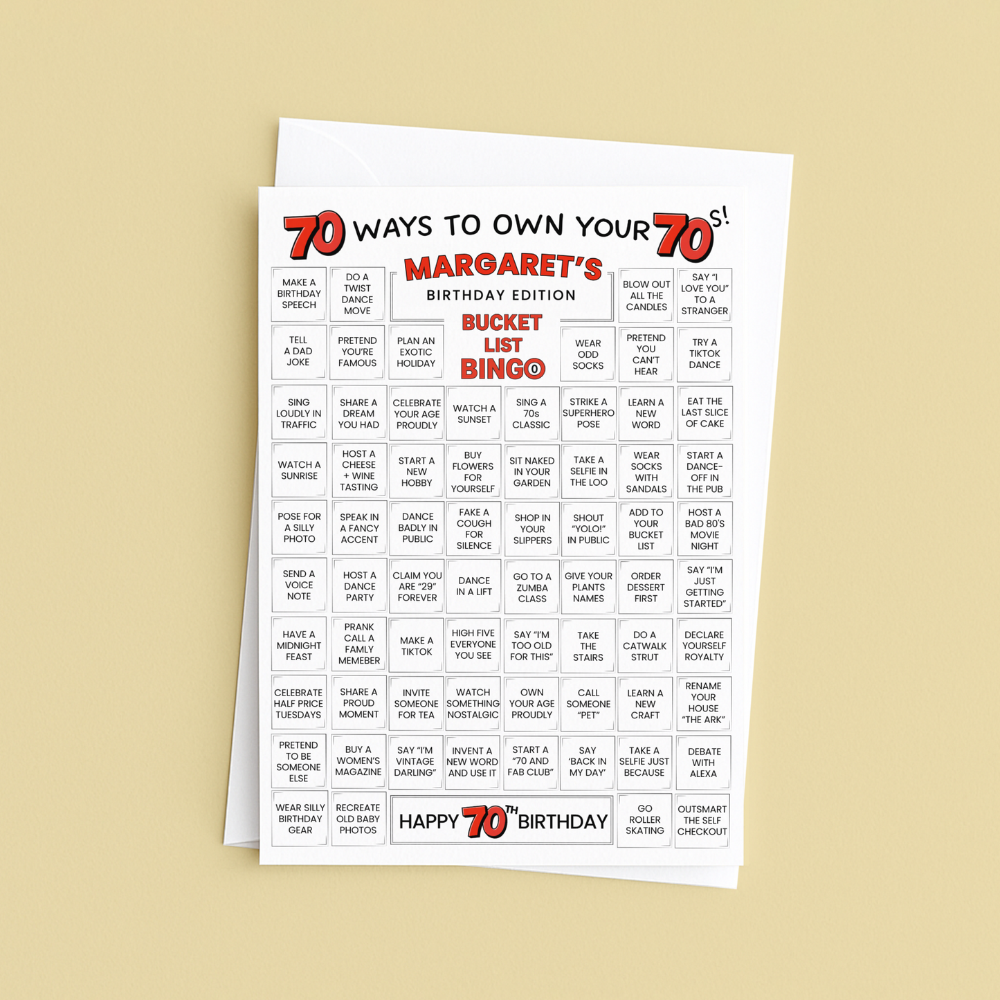 70th birthday card - 70 ways to own your 70s - bucket list bingo
