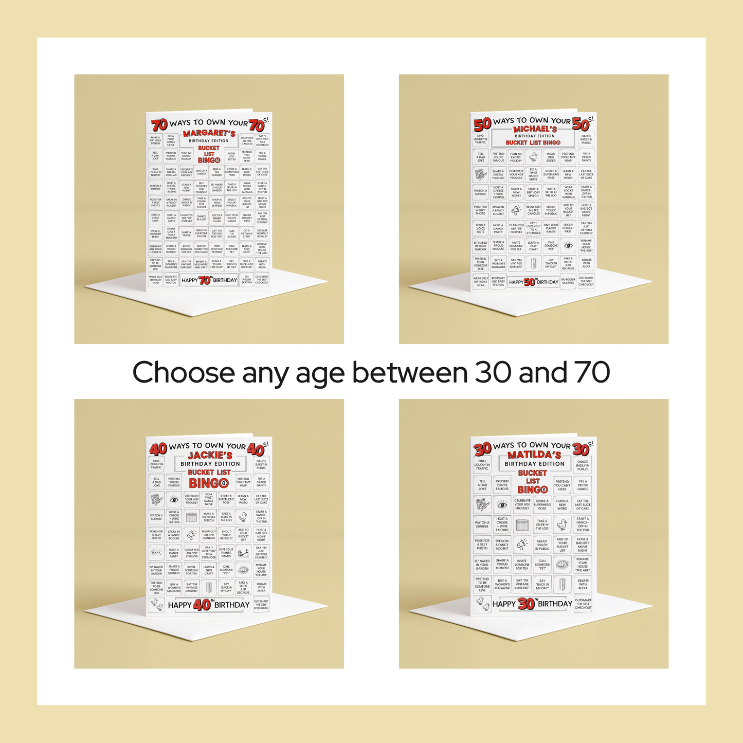 Personalised Bucket List Bingo Birthday Card –  Any Age (30-70) & Owning It!
