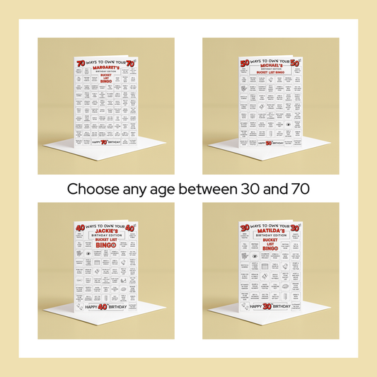Personalised Bucket List Bingo Birthday Card –  Any Age (30-70) & Owning It!