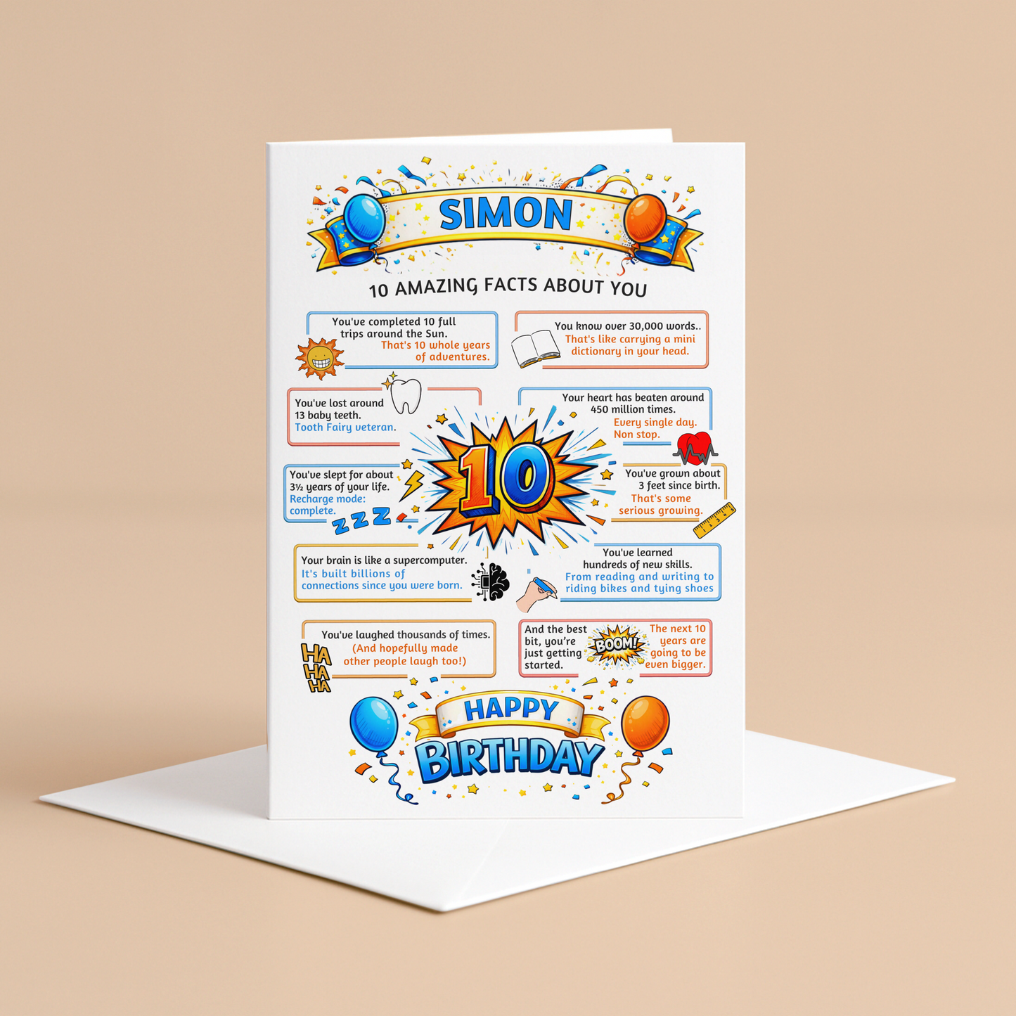 Personalised 10th birthday card - 10 amazing facts about you