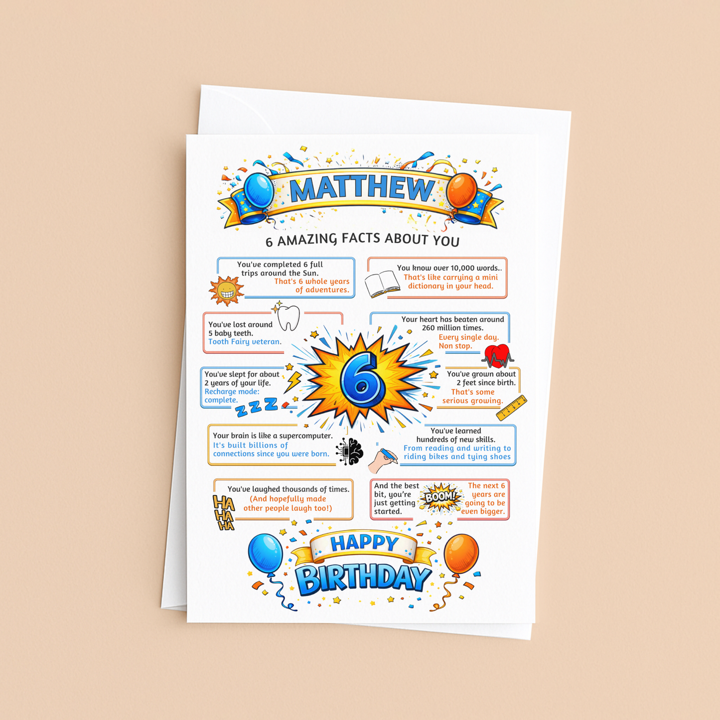 6 amazing facts about you - illustrated 6th birthday card